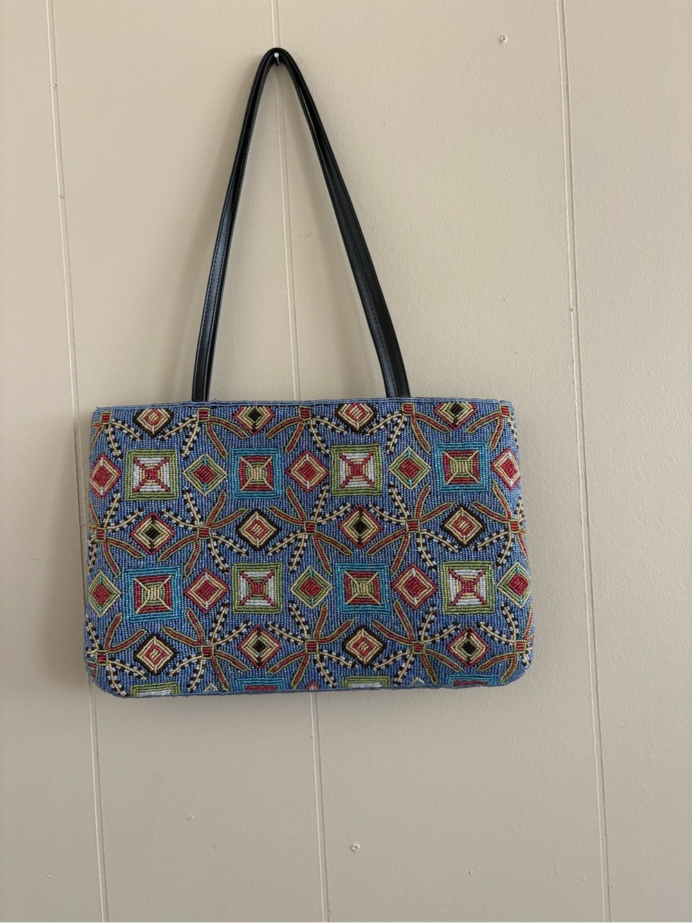 Y&S Handbags Blue Beaded Shoulder Bag with Multicolor Geometric Beads